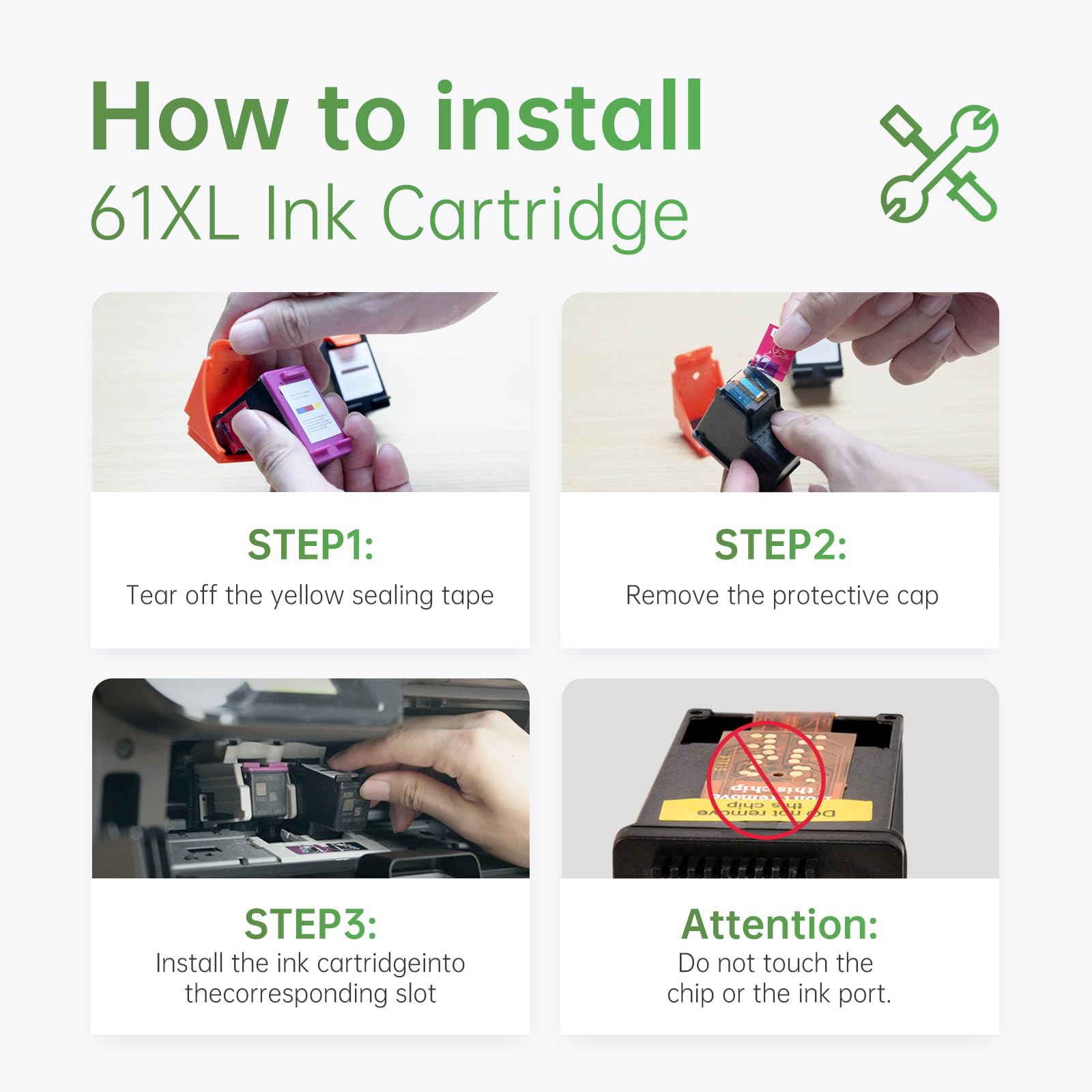 How to Install HP 61XL Ink Cartridge, Instructions: "Visual step-by-step guide on installing the LEMERO HP 61XL ink cartridge, including instructions to tear off the sealing tape, remove the protective cap, and install the cartridge into the printer without touching the chip."