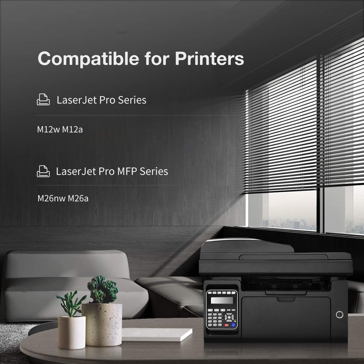 Compatible Printers for HP 79A Toner Cartridge: Modern office setting showing the compatibility of HP 79A toner cartridges with HP LaserJet Pro Series printers, enhancing workplace efficiency.