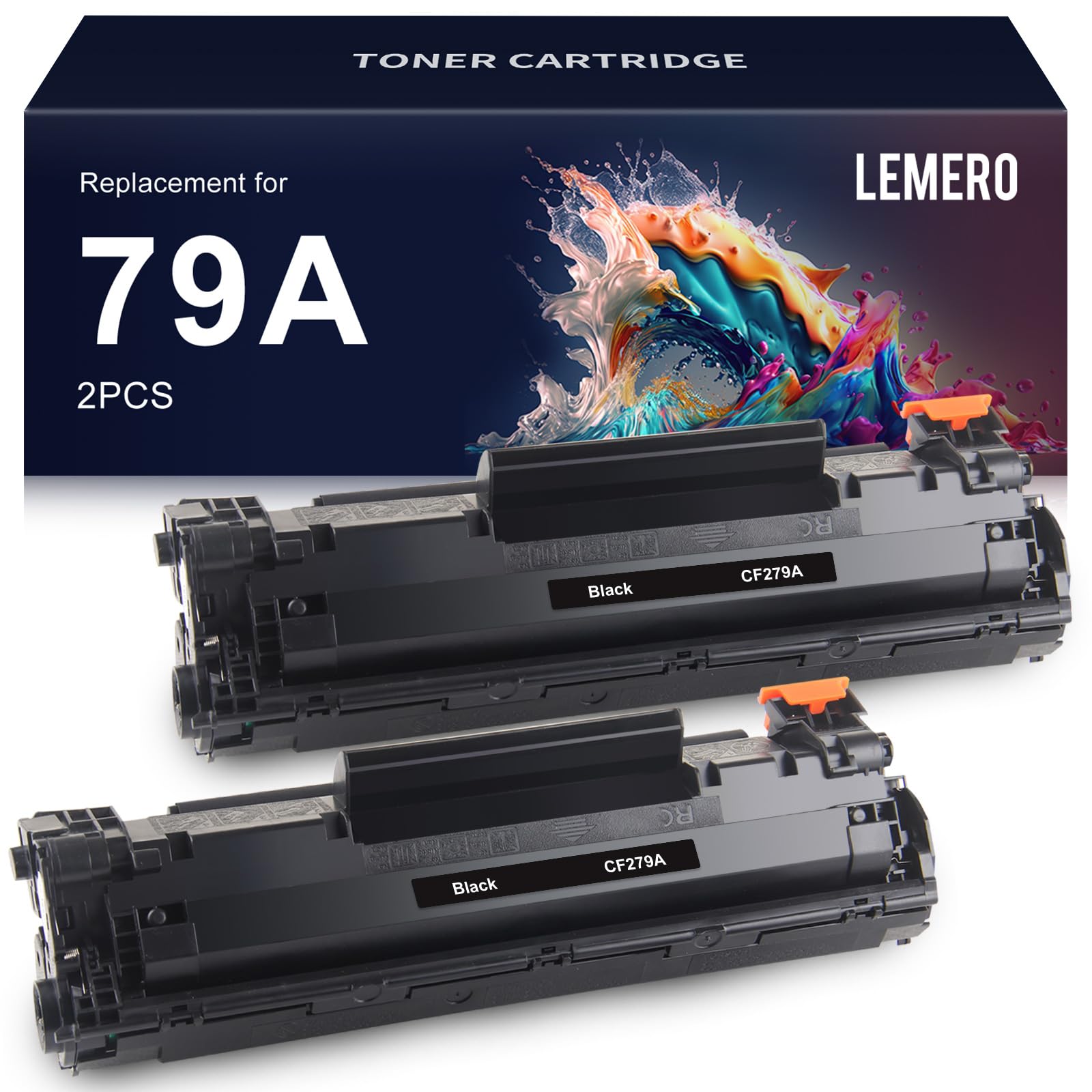 HP 79A Toner Cartridge Packaging Image: LEMERO HP 79A toner cartridge packaging showing two black toner cartridges with vibrant art, labeled for high print yield, perfect for professional use.