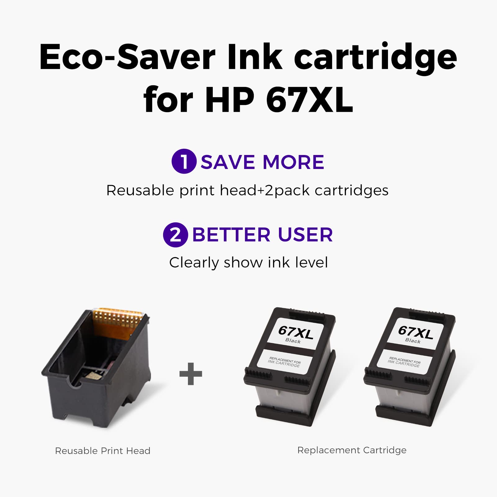 Eco-Saver HP 67XL ink cartridge combo pack showcasing reusable print head and two black ink cartridges to save more and enhance user experience.