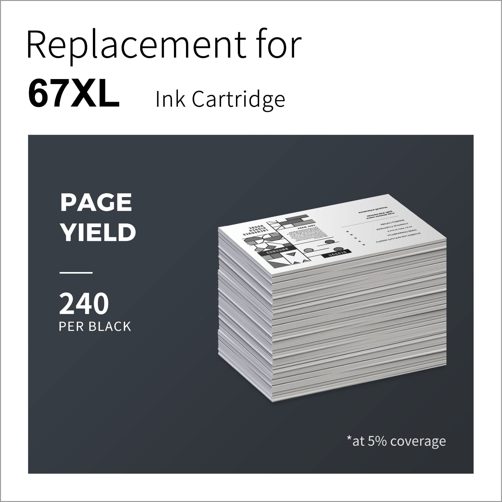 HP 67XL black ink cartridge with a page yield of 240 sheets displayed beside a stack of printed pages - high-quality printing assured.