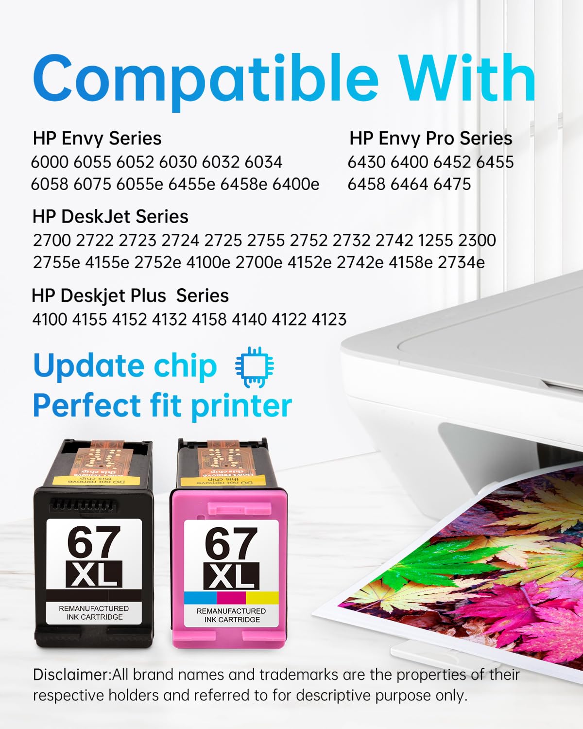 Compatible Printers for 67XL Cartridge Image: List of HP Envy and DeskJet printers compatible with LEMERO 67XL ink cartridges, featuring updated chips for perfect printer fit.