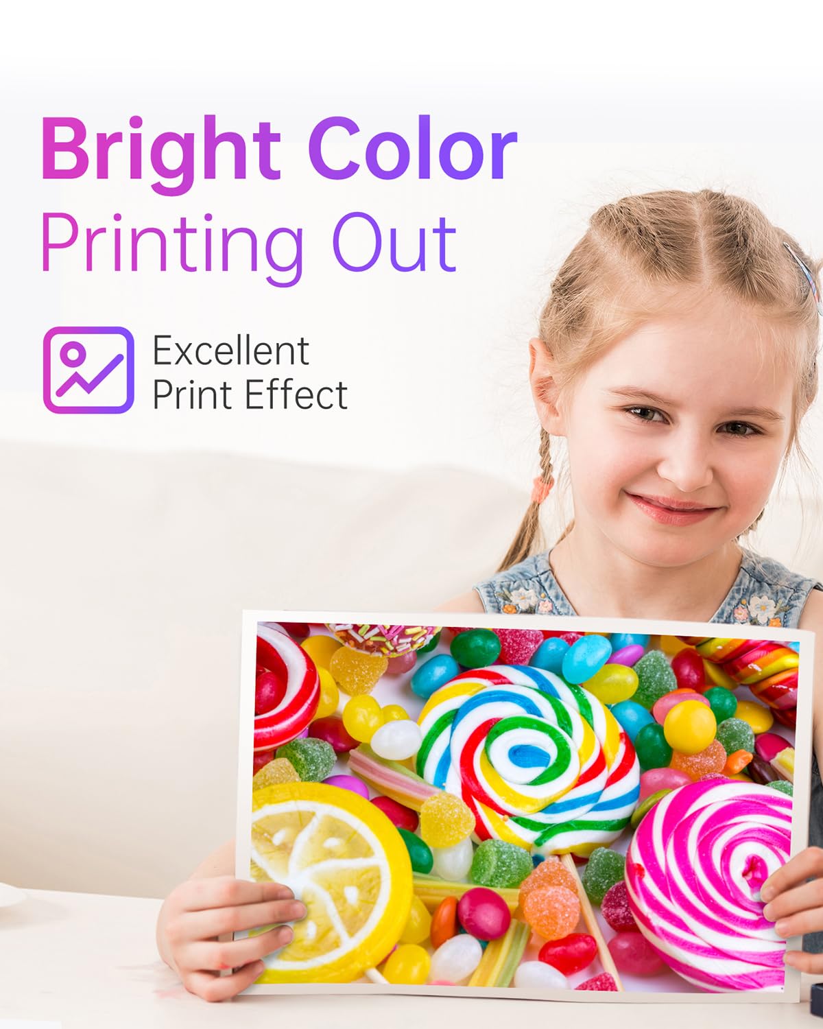 Bright Color Printing Out Image: Young girl smiling, holding a brightly printed photo showing vibrant colors produced by LEMERO ink cartridges.