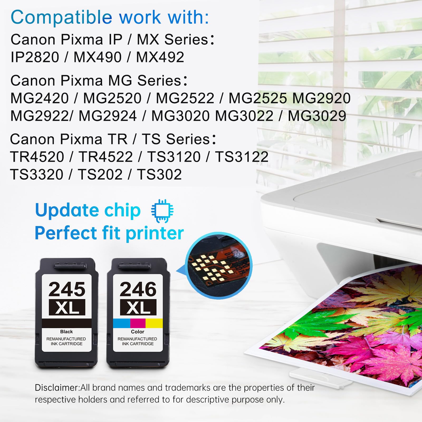 Compatible with Various Canon Pixma Models: Detailed compatibility list for LEMERO 245XL and 246XL ink cartridges with Canon Pixma series printers, highlighting the updated chip technology for perfect fit and function.