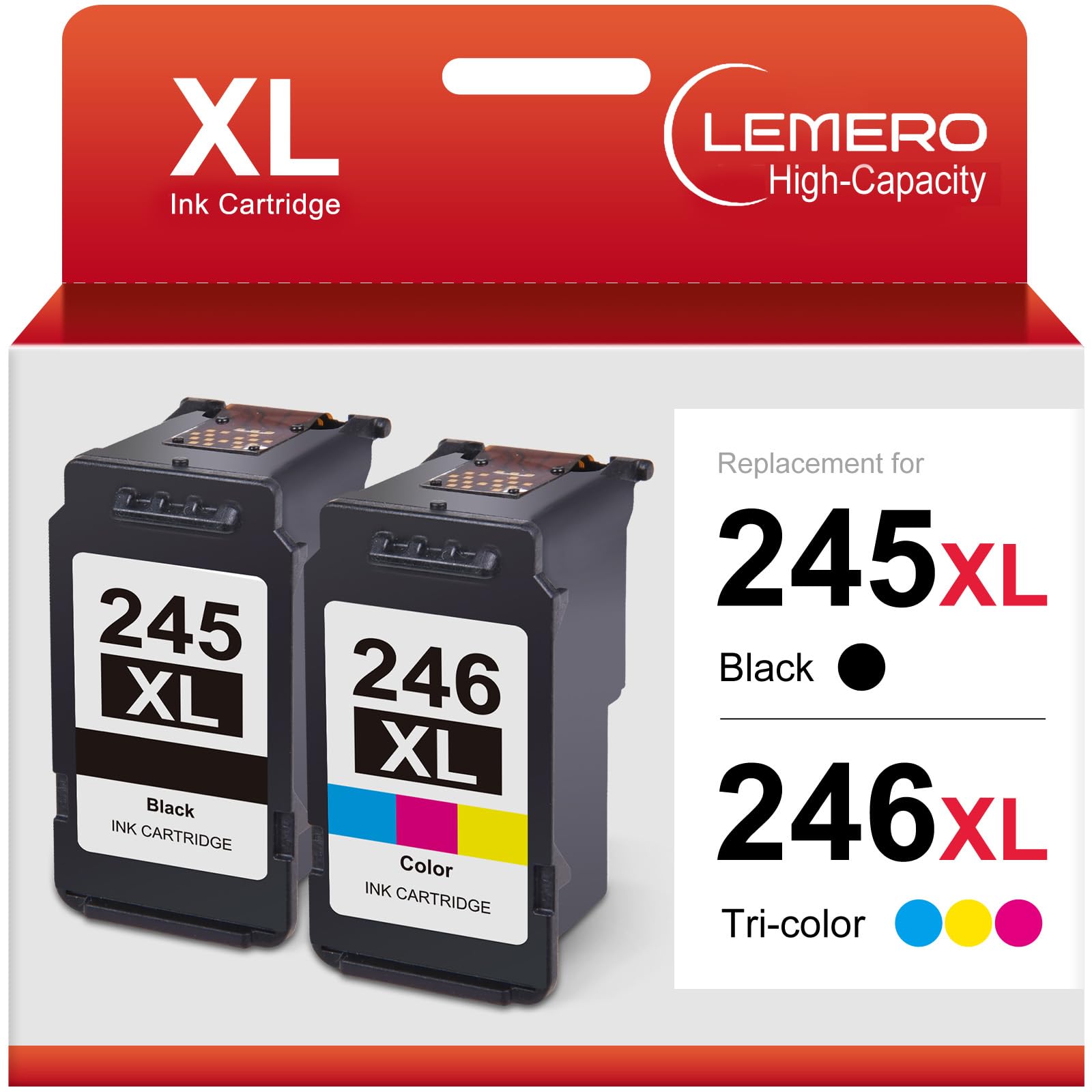 LEMERO High-Capacity Ink Cartridges: Packaging of LEMERO high-capacity 245XL black and 246XL color ink cartridges in a bright red box, emphasizing the extended yield and compatibility with printers.