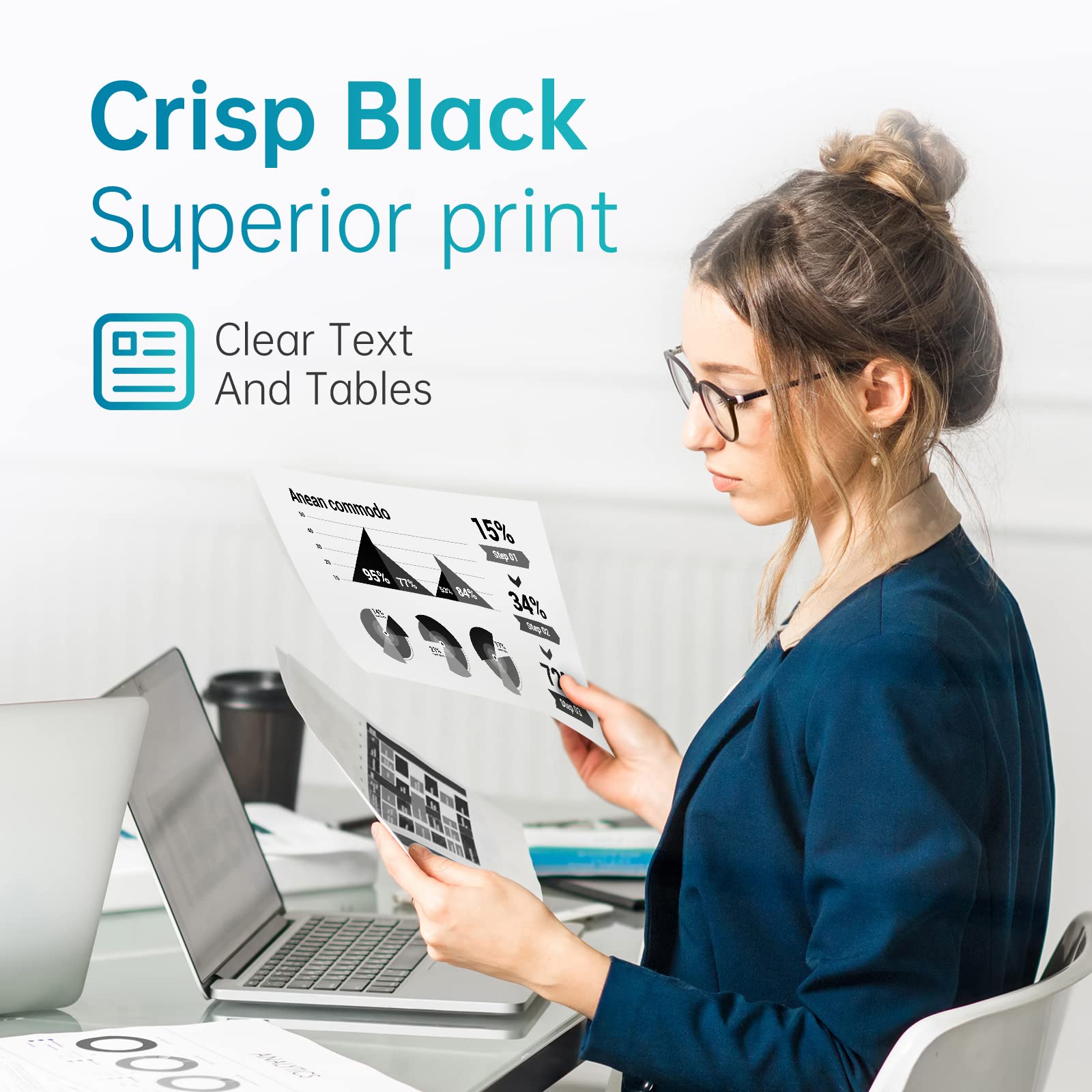 Crisp Black Superior Print: Image of a businesswoman reviewing printed documents featuring sharp, clear text and detailed tables, highlighting the high-quality output from using LEMERO ink cartridges.