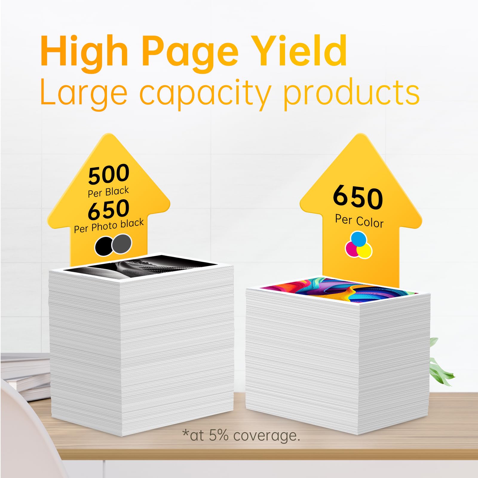 High page yield with large capacity products: 500 pages per black, 650 pages per photo black and color