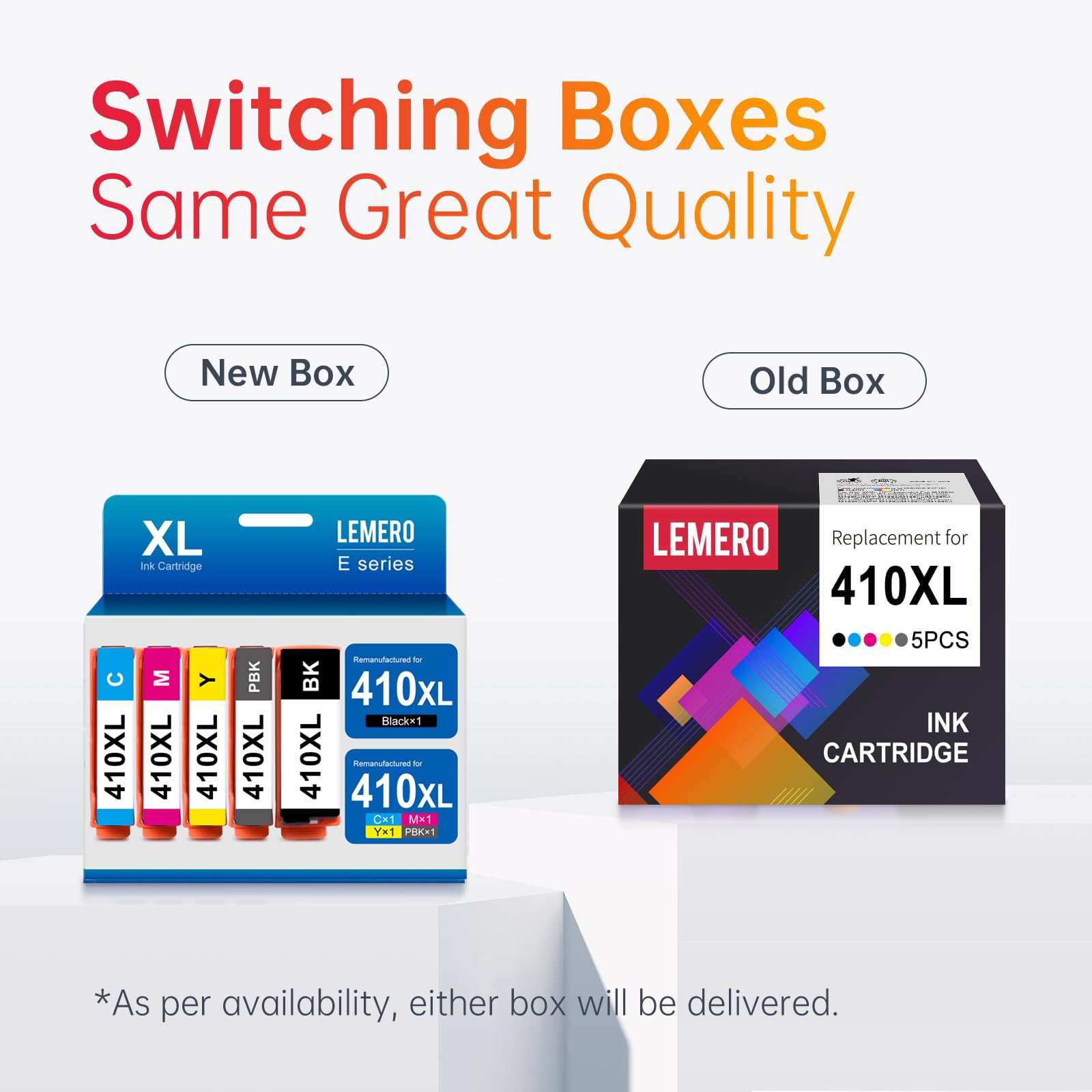 New and old box designs for LEMERO 410XL ink cartridges with the same great quality.