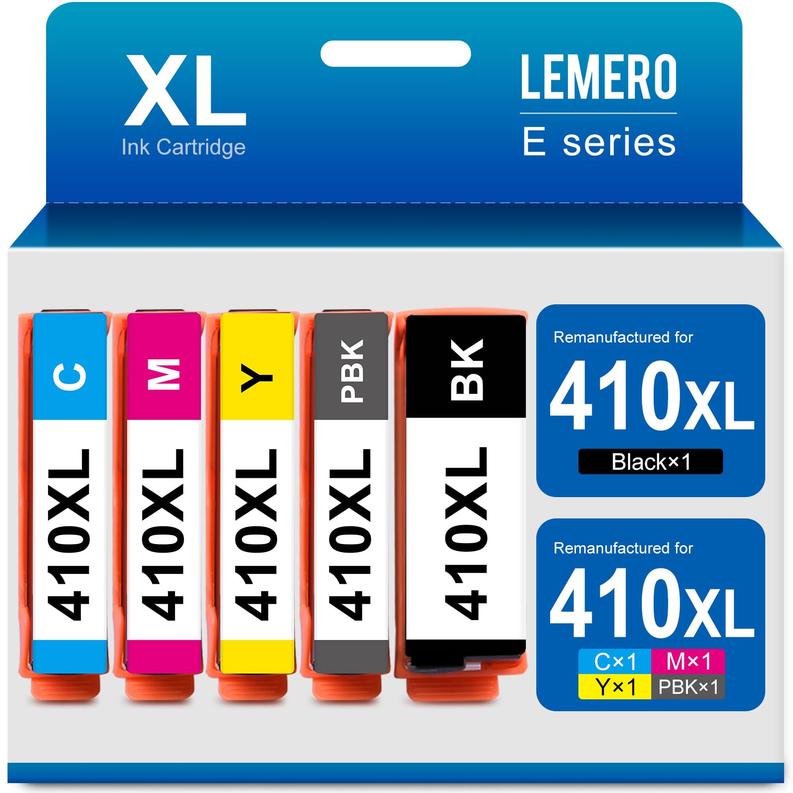 LEMERO XL ink cartridge set for 410XL including black, cyan, magenta, yellow, and photo black