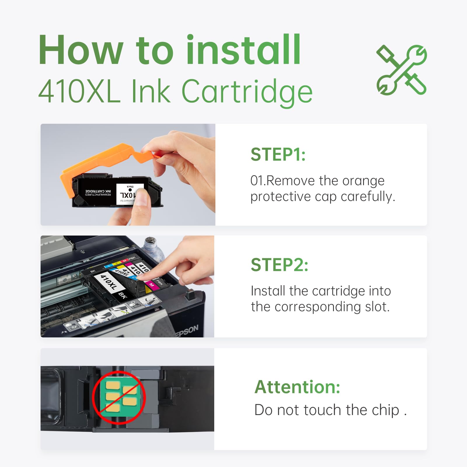 Step-by-step guide on how to install 410XL ink cartridges, including removing the protective cap and installing in the slot