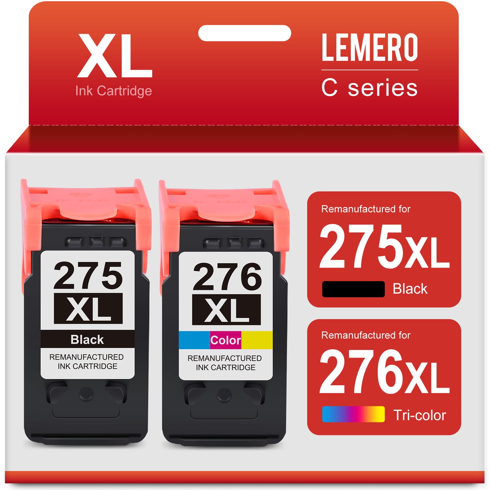 LEMERO ink cartridges 275XL and 276XL shown alongside a Canon Pixma printer, emphasizing compatibility and the update chip for a perfect fit.
