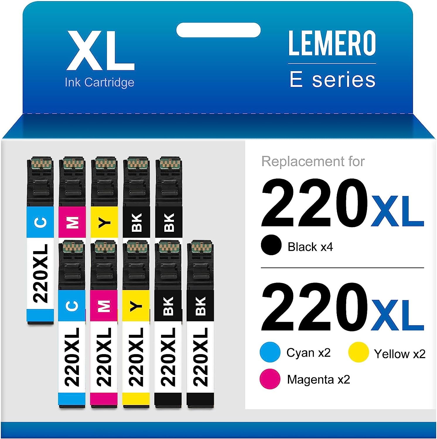 220XL Ink Cartridge Multipack: Packaging image of LEMERO 220XL high-capacity ink cartridges showing individual cartridges for black, cyan, magenta, and yellow, highlighting their high page yield and suitability for frequent printing.