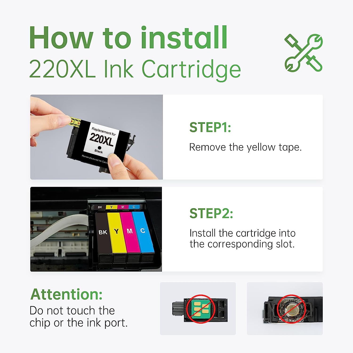 Installation Guide for 220XL Ink Cartridge: Step-by-step visual guide showing how to install a 220XL high-capacity black ink cartridge into a printer. Highlights include removing the yellow tape and inserting the cartridge properly. Do not touch the chip or ink port.