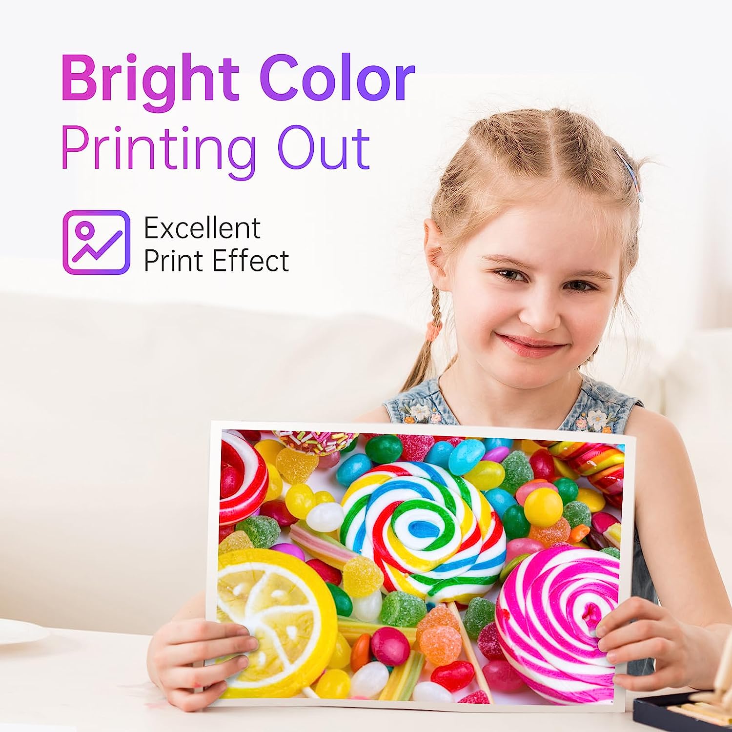 Vivid Printing Results with 220XL Cartridges: Child smiling while holding a brightly colored printout showcasing the vibrant print quality of LEMERO 220XL ink cartridges, ideal for colorful documents and images.