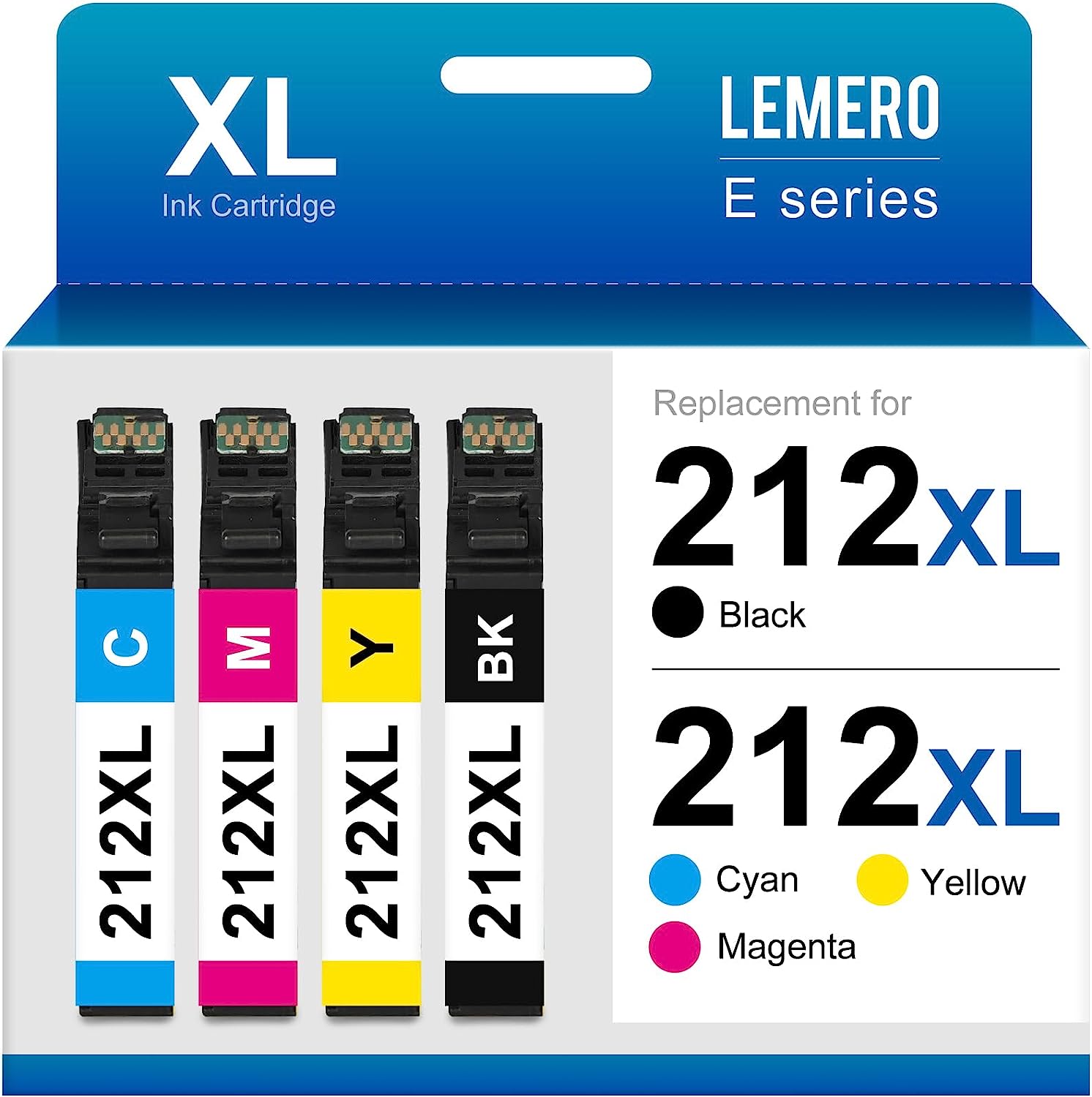 LEMERO 212XL ink cartridges: "High-capacity LEMERO 212XL ink cartridges featuring black, cyan, magenta, and yellow for efficient and vibrant printing.