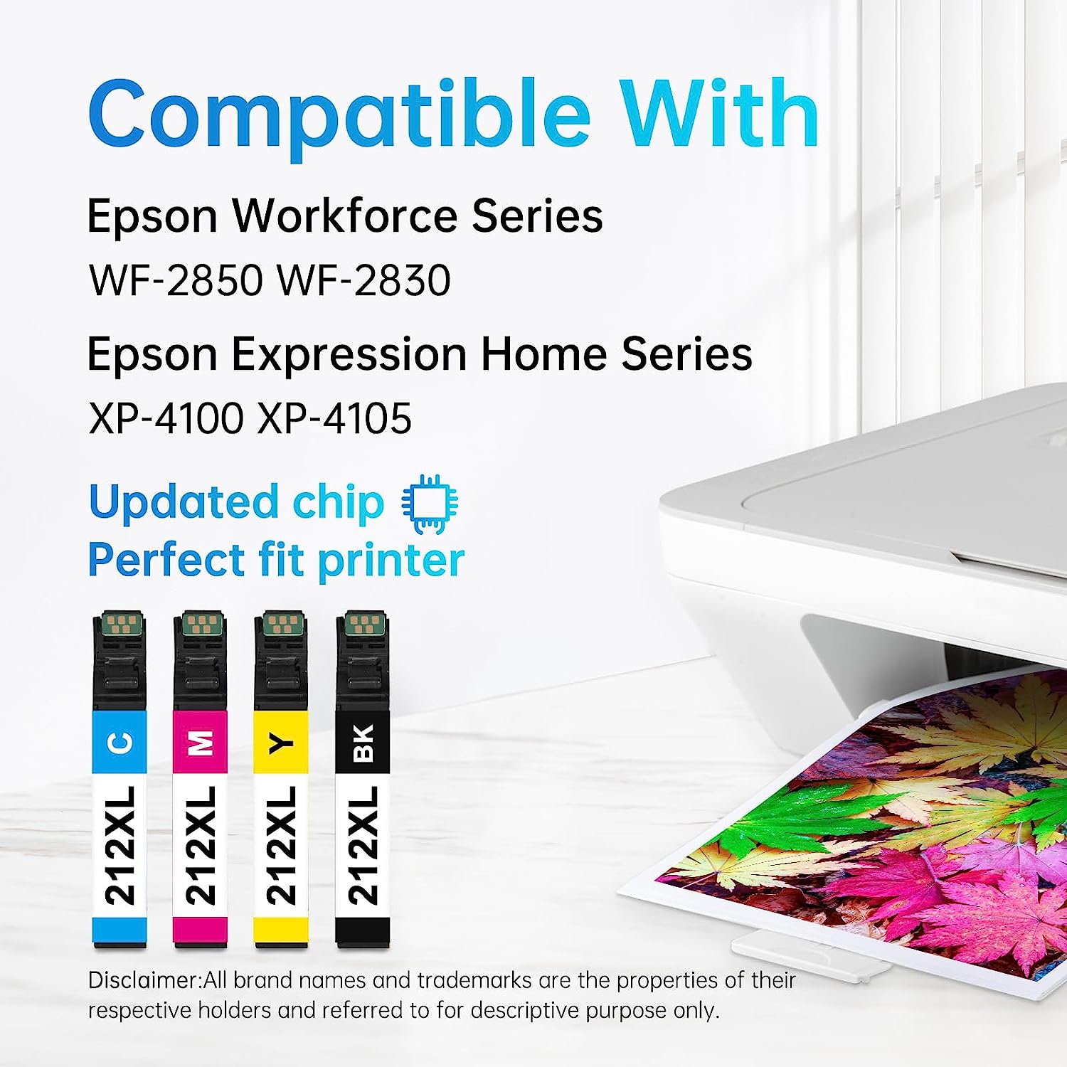 compatibility for 212XL cartridges: "LEMERO 212XL ink cartridges compatible with Epson Workforce and Expression Home printers, featuring updated chips for a perfect fit."