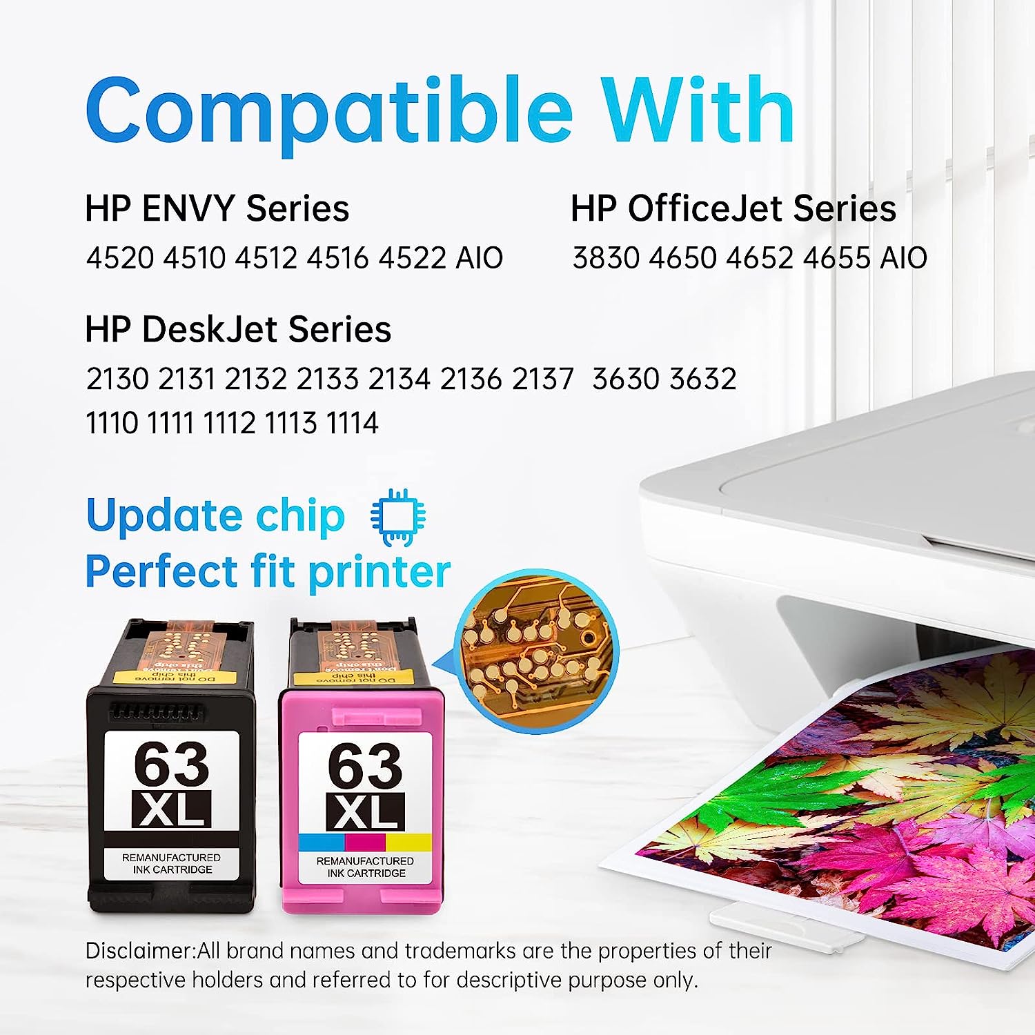 Printer Compatibility for HP 63XL Ink Cartridges:Detailed compatibility list for HP 63XL ink cartridges featuring a wide range of HP ENVY, OfficeJet, and DeskJet series printers, emphasizing the updated chip for perfect printer fit.