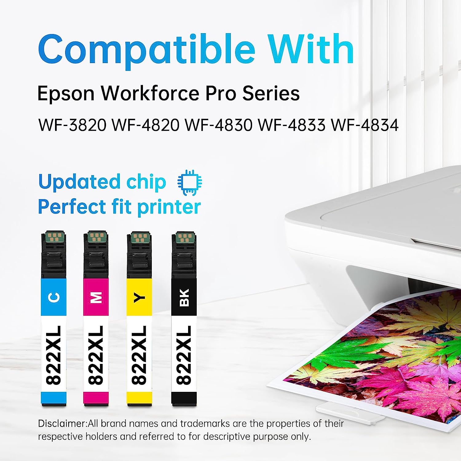 Printer Compatibility for 822XL Ink Cartridges: "Detailed compatibility information for 822XL ink cartridges, suitable for Epson Workforce Pro series printers, with updated chip technology for a perfect printer fit."