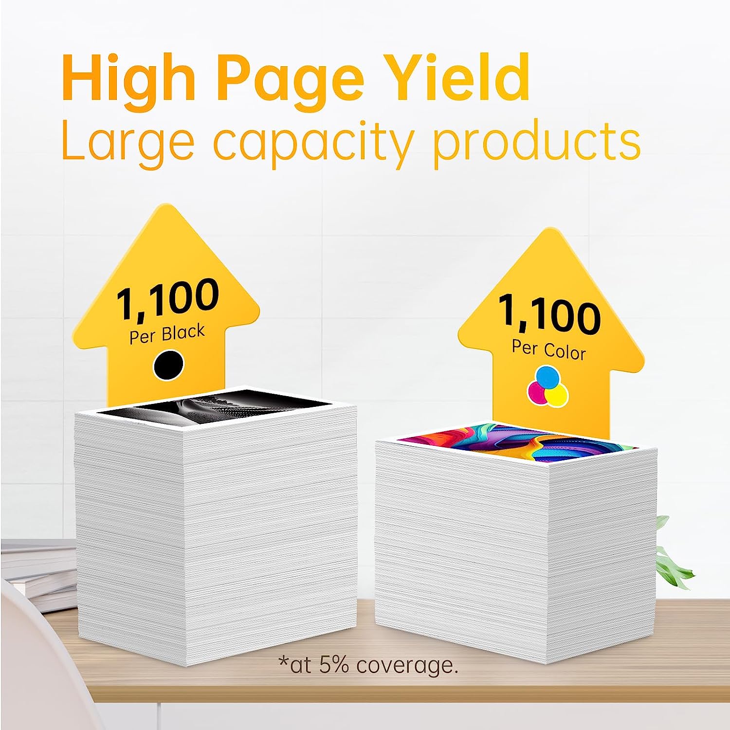 High Page Yield for 822XL Ink Cartridges: "Illustration showing high page yield capacity of ink cartridges, with stacks of paper indicating 1,100 pages per black cartridge and 1,100 pages per color cartridge at 5% coverage."