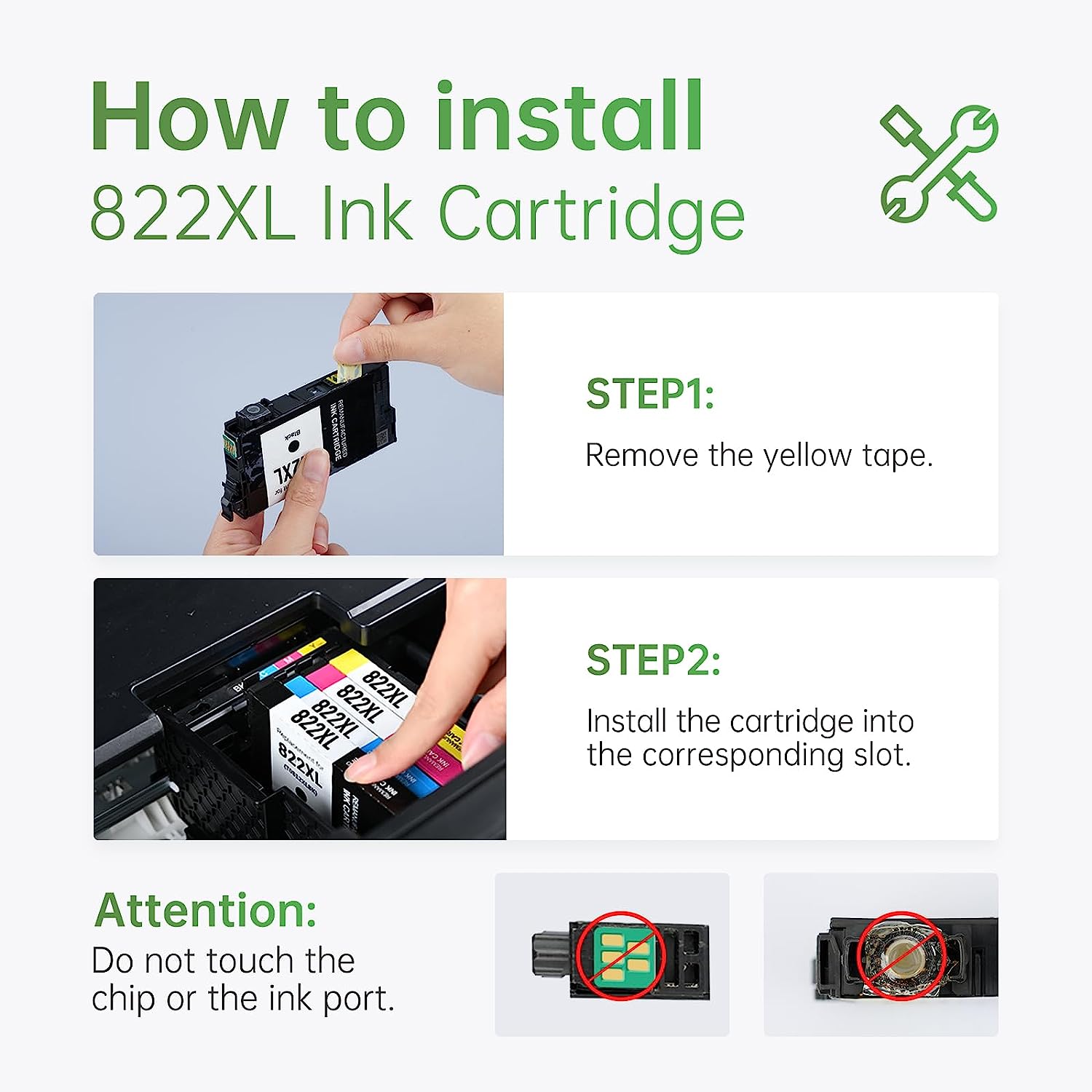 Installation Guide for 822XL Ink Cartridge: "Instructional image on how to install the 822XL ink cartridge, showing steps including removing the yellow tape and properly inserting the cartridge into the printer slot, with a warning not to touch the chip or ink port."