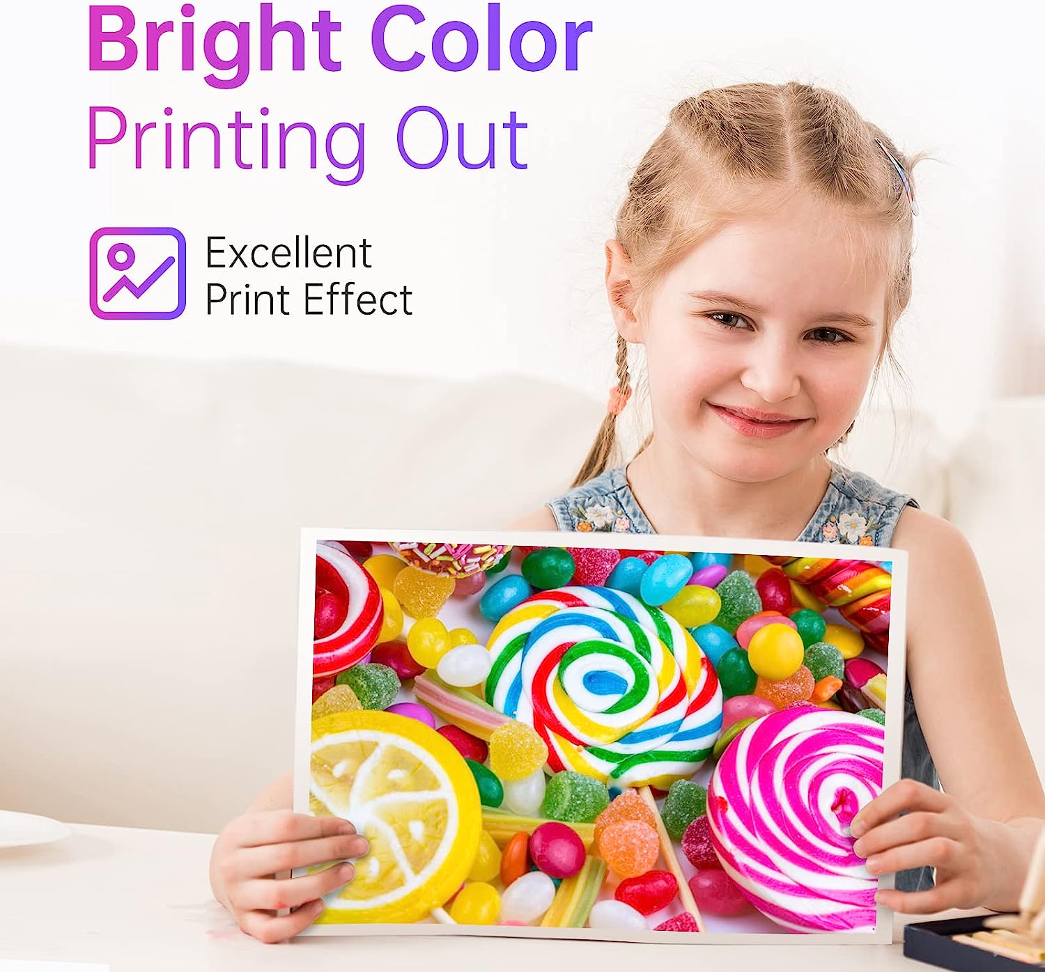 Bright Color Print Quality Display: "Young girl holding a vibrant and brightly colored printout, demonstrating the excellent print effect and vivid color quality achievable with high-quality ink cartridges."